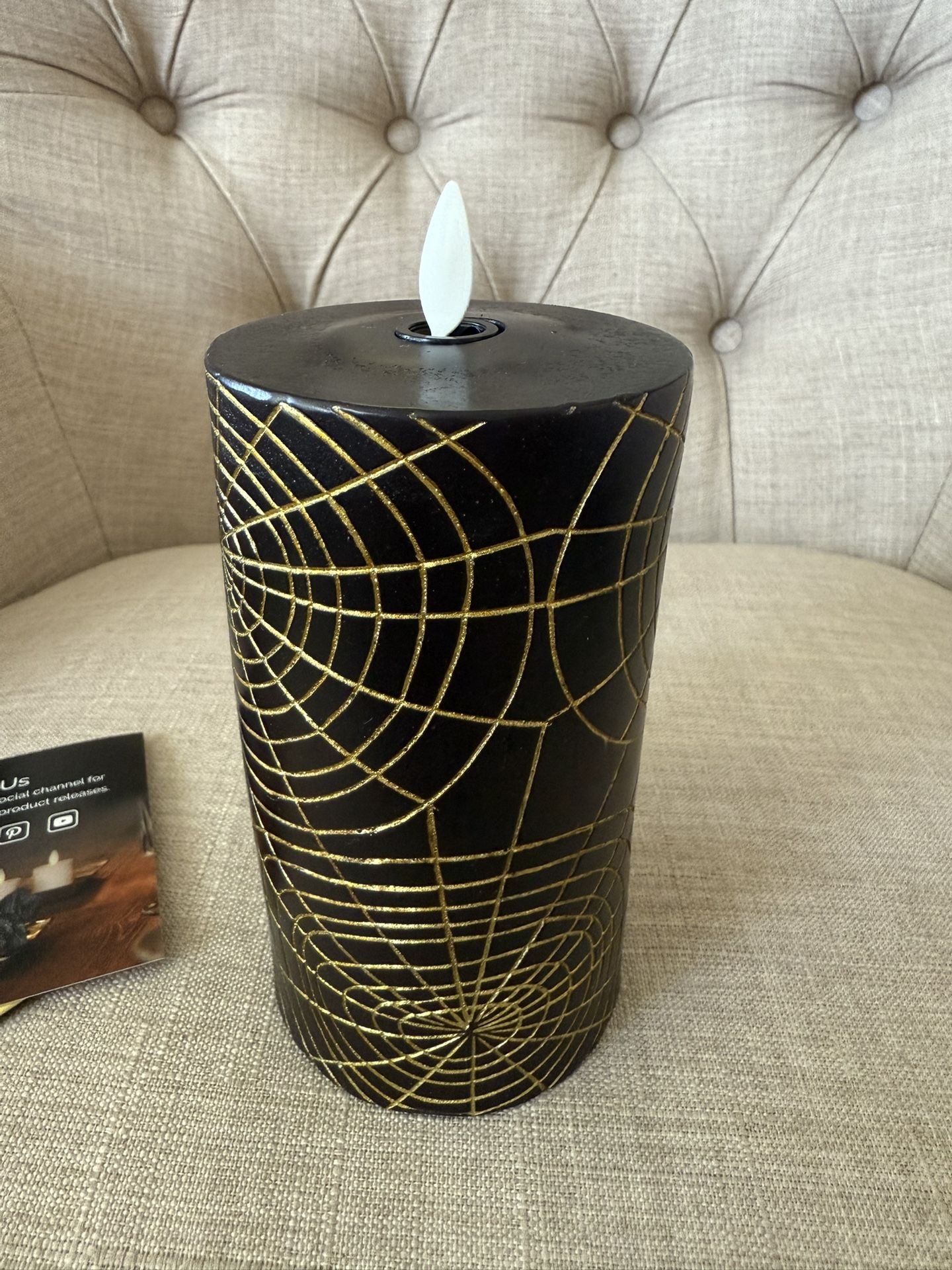 Luminara Spider Flameless LED Candle, Black & Gold 3" x 6.5", Moving Flame Pillar, Battery Operated Timer Real Wax Halloween Gothic Home Decor