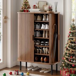 6-Tier Shoe Cabinet with Sliding Door, Wooden Shoe Storage Cabinet with Adjustable Shelves, Mid-Century Modern Freestanding Shoe Storage Or