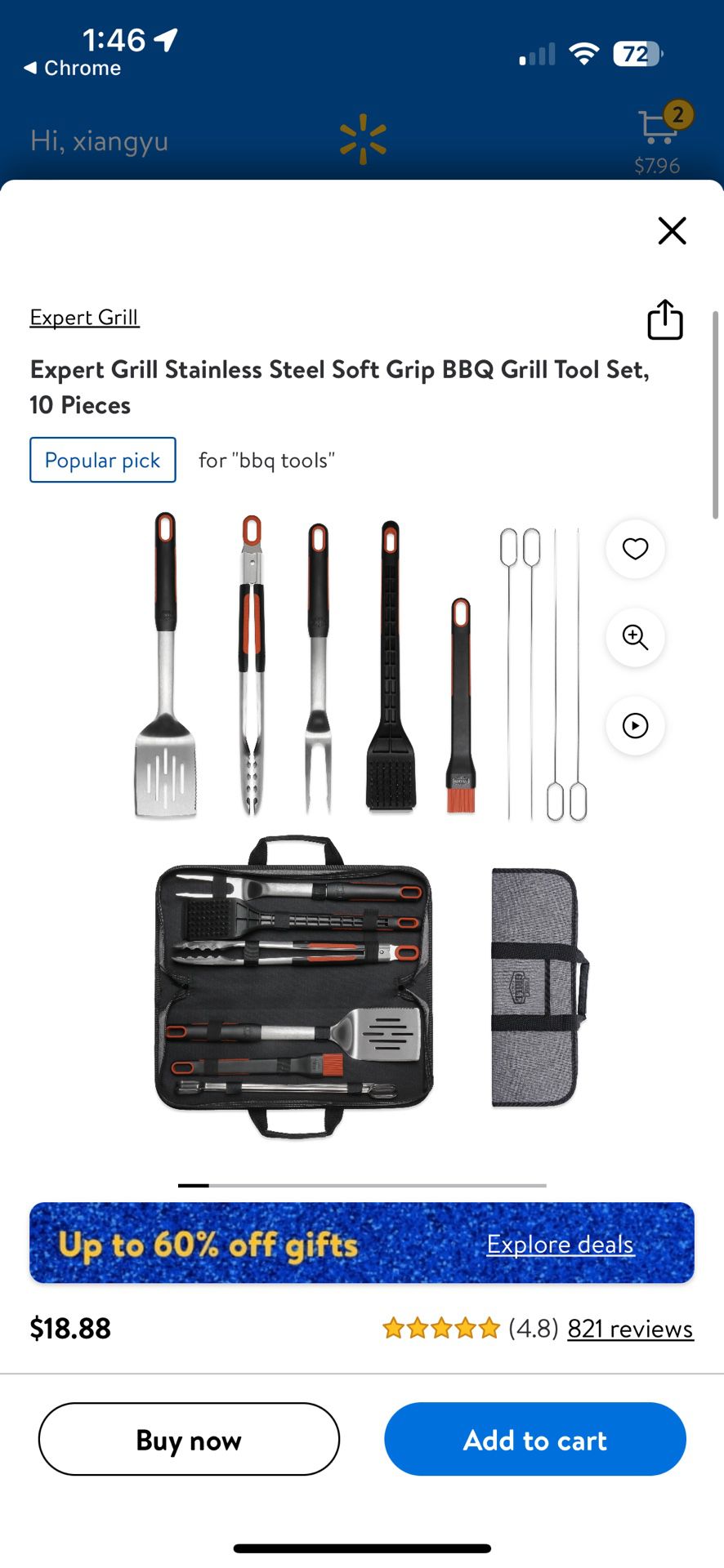 Like New: Expert Grill Stainless Steel Soft Grip BBQ Grill Tool Set, 10 Pieces
