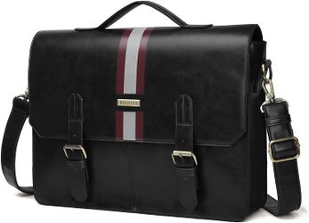 Men's Briefcase PU Leather Shoulder Satchel Computer Bag with Back Pocket fits 15.6 inch Laptop, Black