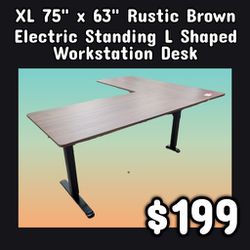 NEW XL 75" x 63" Rustic Brown Electric Standing L Shaped Workstation Desk: njft 