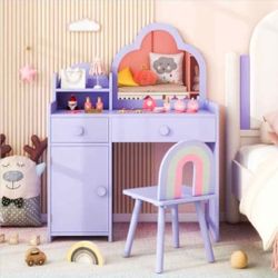 Kids Vanity Table And Chair Set With cloud Mirror