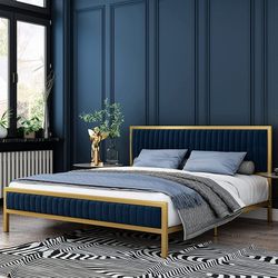 Queen Size Metal Bed Frame, Upholstered Platform Bed Frame with Velvet Tufted Headboard, Gold & Blue