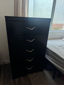 Black wood 5 dresser drawer silver handles