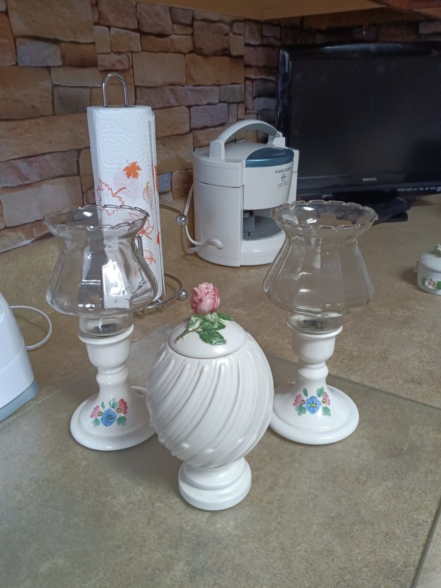 Set Of Candle Holders And Lidded Vase