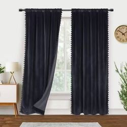 42x95”MISS SELECTEX Christmas Curtain Pom Pom Velvet Curtains -Tasseled Blackout Curtain Room Darkening Drape Soft Luxury Grommet Window Curtain Panel