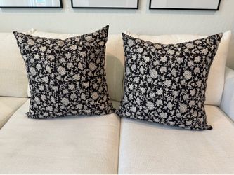 Set of Two 22 x 22 Black Floral Block Print Throw Pillow Hackner Home