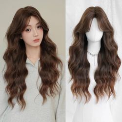 Long Chocolate Brown Wavy Wig with Curtain Bangs 29 Inch Heat Resistant Synthetic Hair #153