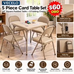 VECELO 5-Piece 24” Folding Card Table & Chair Set – Beige – New