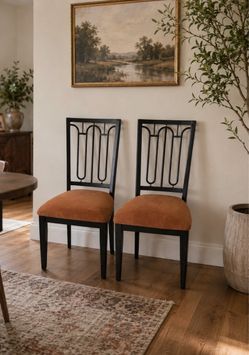 Set of 2 Dining Chairs - Black Metal Frame & Rust Upholstery