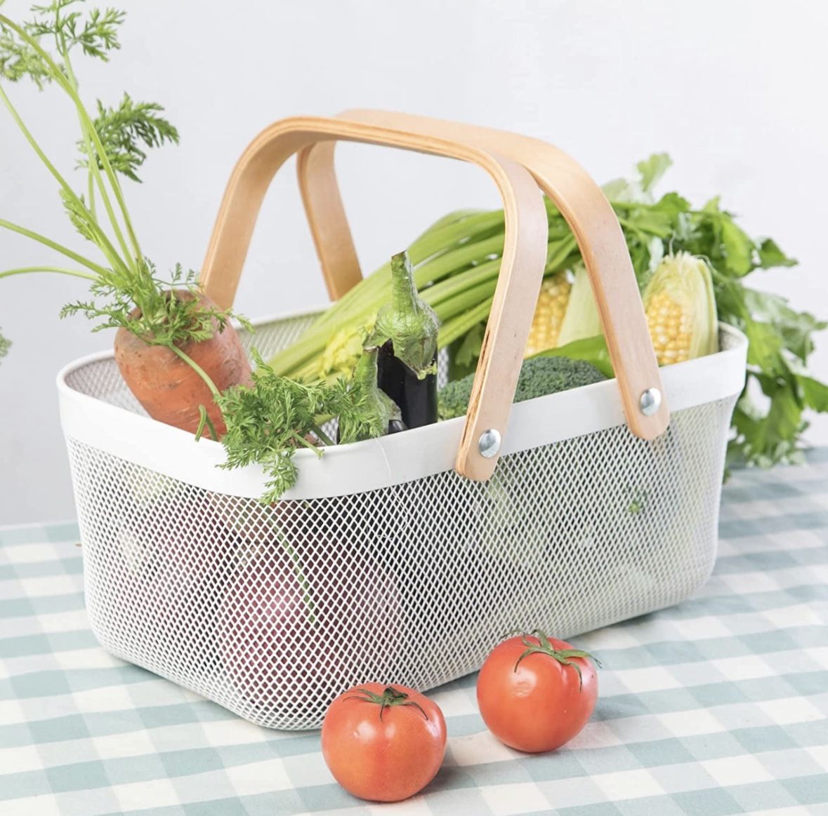NEW White Wood / Metal Mesh Picnic Fruit / Veggie Basket Organizer