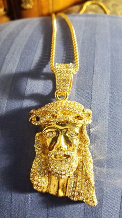Jesus Necklace pendant heavy 18k yellow gold Filled and Chain 28 in long