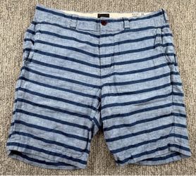 J.Crew Stanton Shorts Men 32 Blue Striped Baird McNutt Irish Linen 9 Inch Inseam