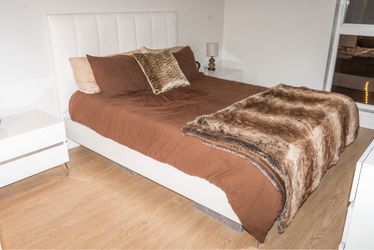Queen Size White Upholstered Bed Frame with Tall Headboard