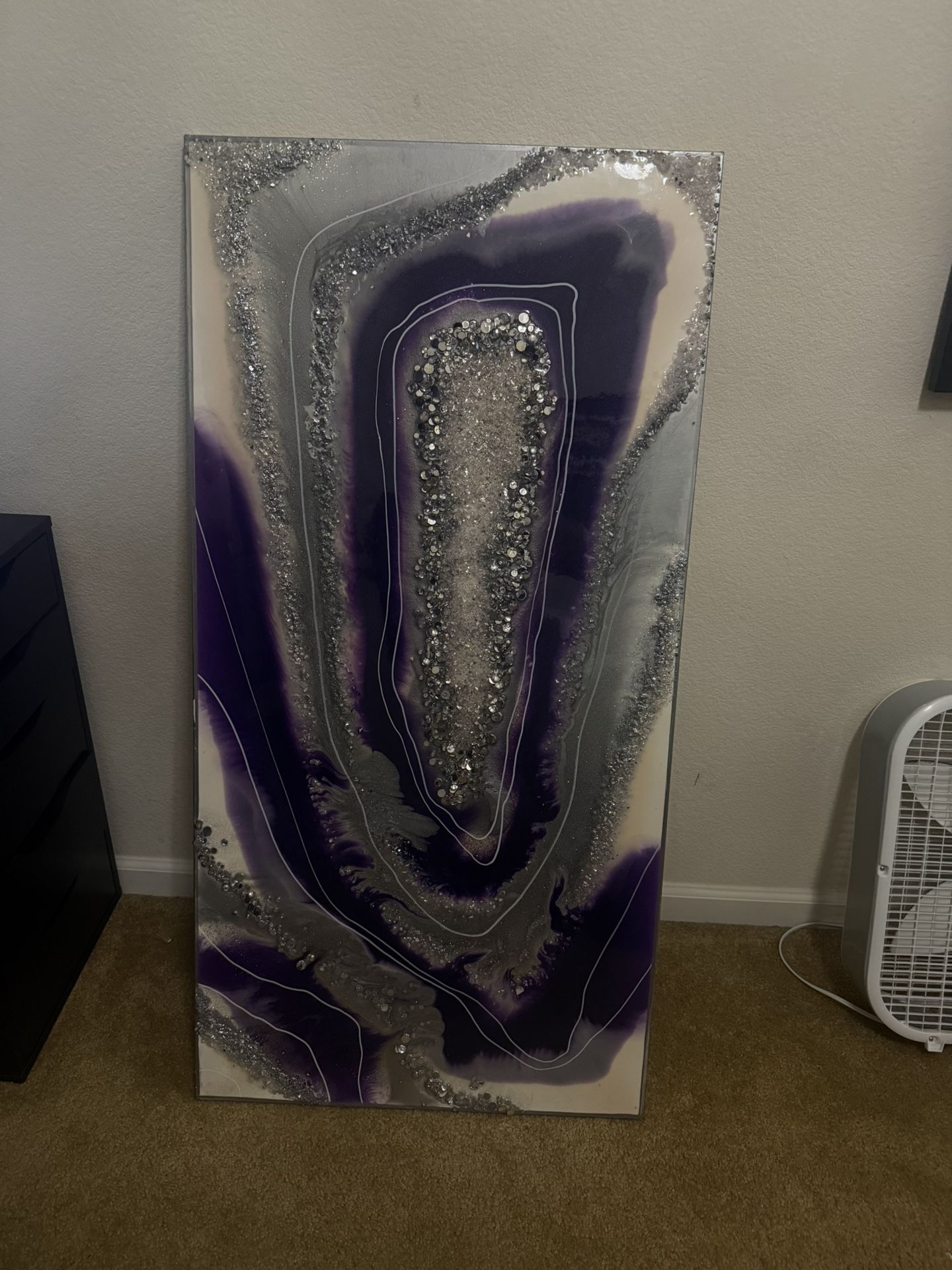48x24 Amethyst Geode Resin Art – Crystal Epoxy Wall Decor – Purple & Silver