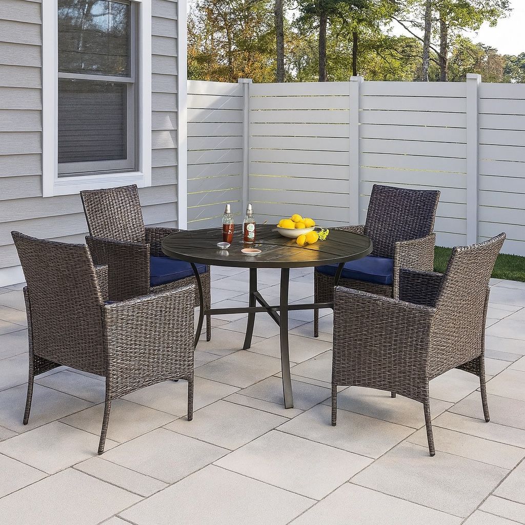 high patio table with umbrella MF Studio Round Dining Metal Table Hole, 28" summitlivin all weather resistant Suncrown Black Square Metal Bar