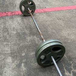 Straight bar with 4 plates of 25lb 1inch hole $80       
