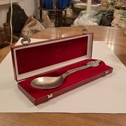 Collectible Trondheim  Extra Large Pewter Dpoon In A Leather Case Norwegian Travel Workshop 1995 Made In Norway 13"  Excellent Condition 