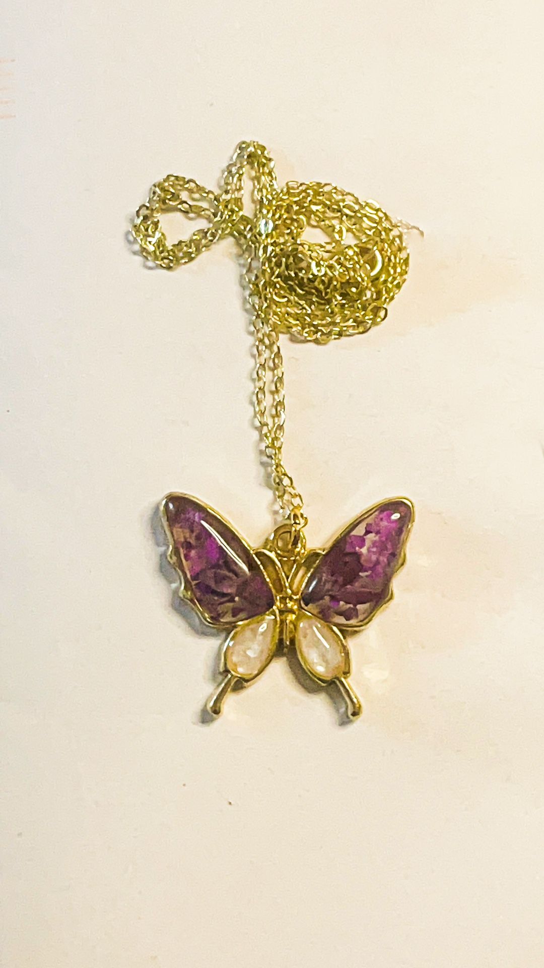 Gold Butterfly Necklace With Purple Flower Petals