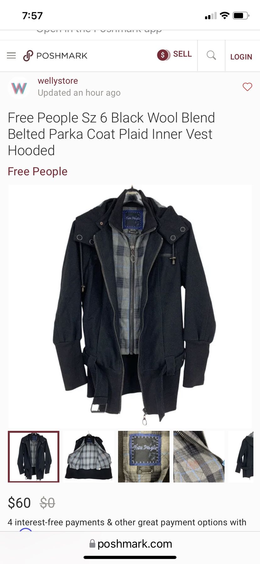 Free People Black Wool Blend Belted Parka Coat Plaid Inner Vest Hooded