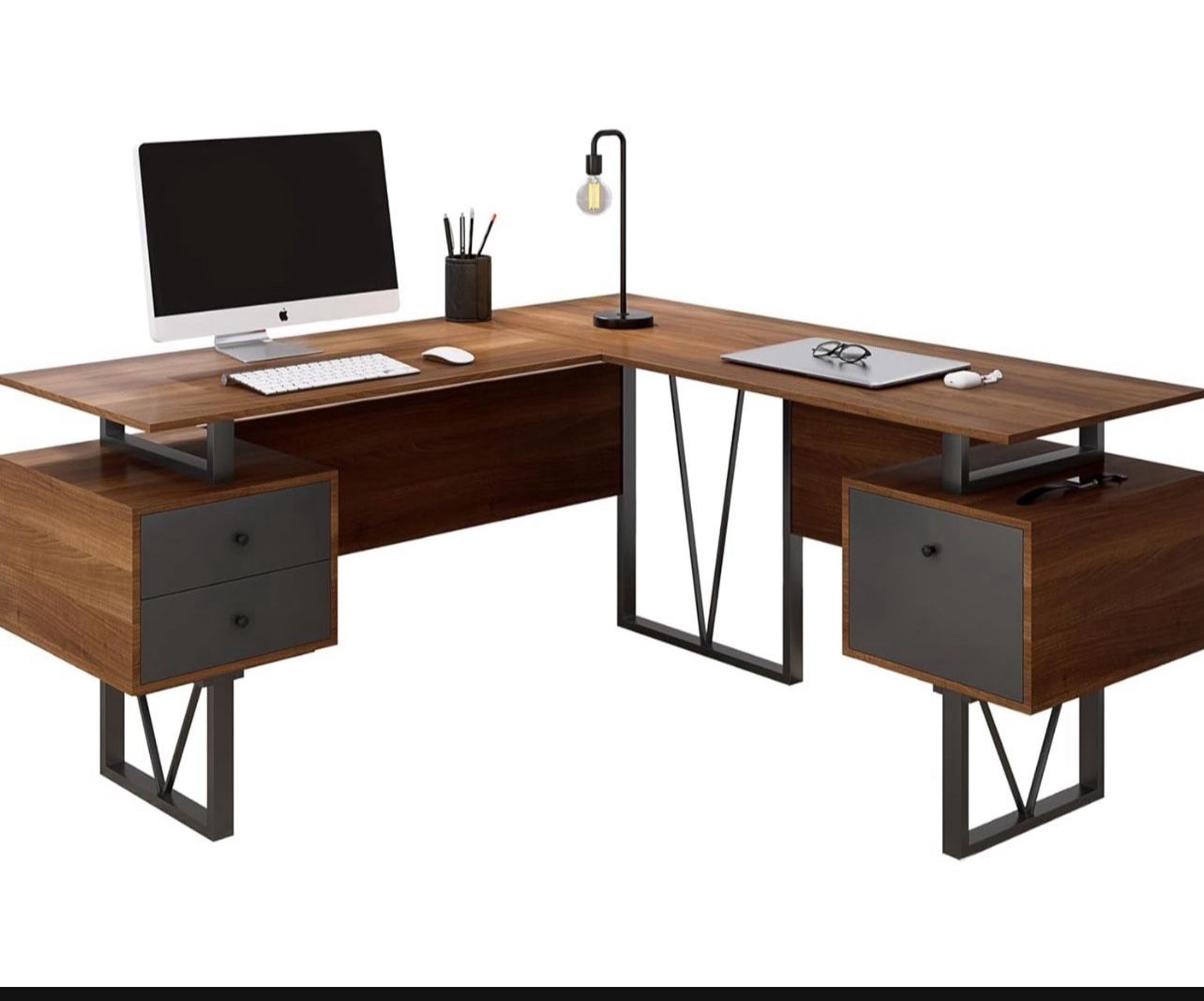 L Shaped Desk with File Cabinet and Drawers 59” W – Modern Versatile L Shaped Office Desk with Drawers and File Cabinet - Brown