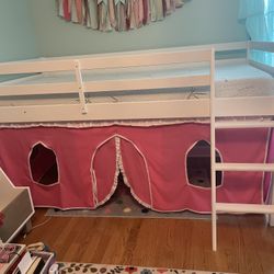 Twin Junior Loft Bed, White Finish with Pink & White Tent kids girls