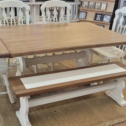 Beautiful Trestle Farmhouse Dining Table W/ 2 Leaves, Bench & 5 Chairs