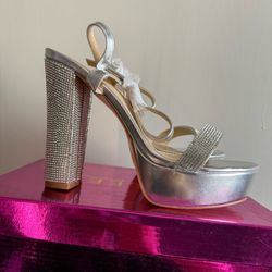 Silver Rhinestone Platform Block Heel Size 8.5