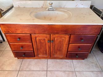 Used vintage hardwood BATHROOM VANITY with a countertop and a faucet <>< Sturdy, in good shape