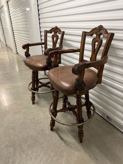 Ornate Wood and Leather Swivel Bar Stools – Set of 2