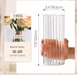 Glass Cylinder Vase 8 Inch Tall, Clear Ribbed Decor for Centerpieces
