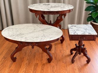 Vintage Victorian-Style Italian Marble & Mahogany Table Set – 3 Pieces