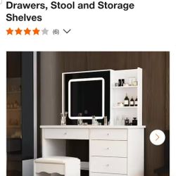 5-Drawers White Wood LED Push-Pull Mirror Makeup Vanity Sets Dressing Table Sets with Stool,3Shelves