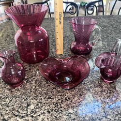 5 piece lot of gorgeous cranberry glass a large vase 2 pitchers a bowl & a basket 