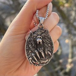 Mens Viking Fenrir Wolf Head Pendant Necklace  Stainless Steel For Men Him 