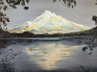 Vintage Landscape Painting Mountains Lake Nature