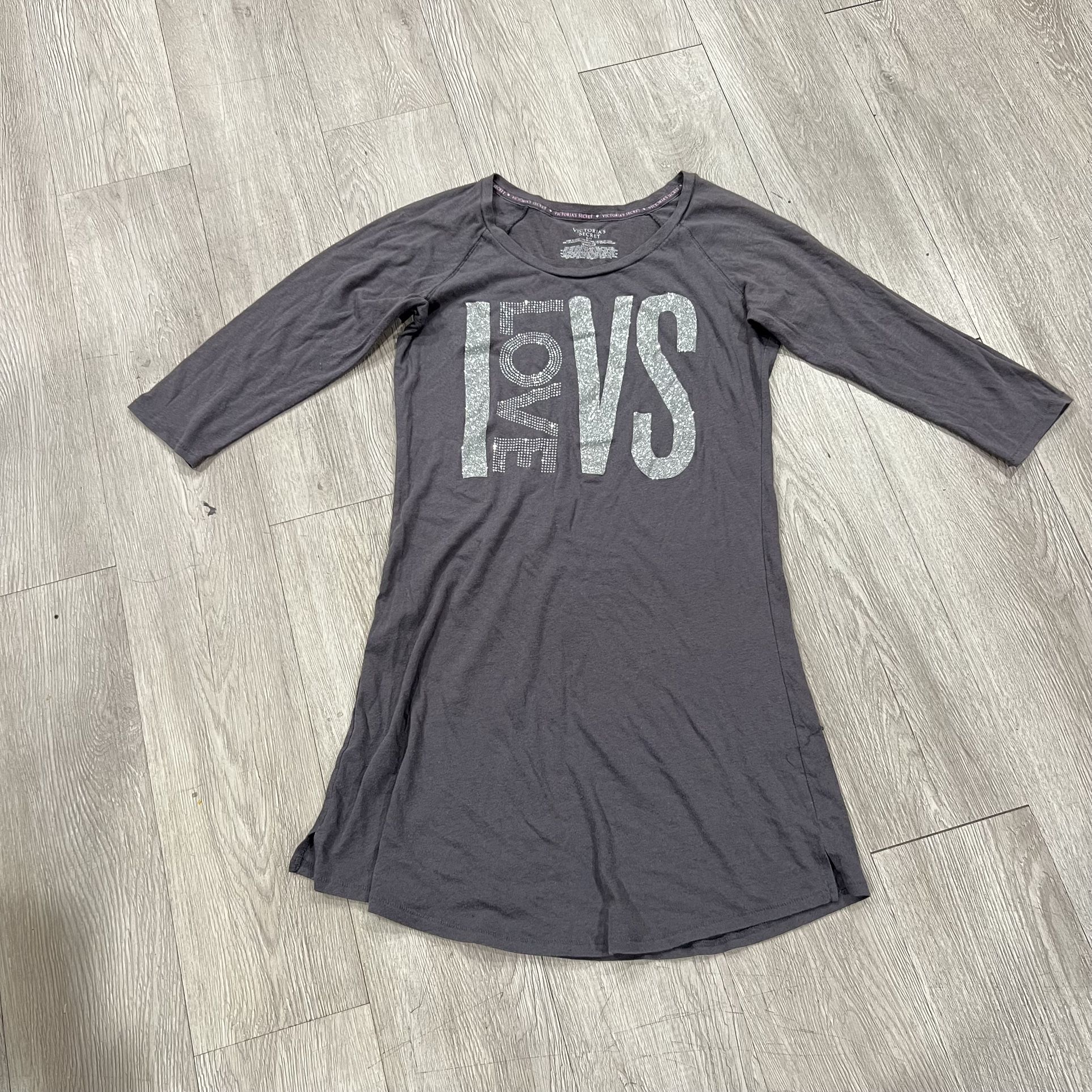 VICTORIAS SECRET LOVE Sparkle Rhinestone Long Sleeve Nightgown SleepDress Gray S