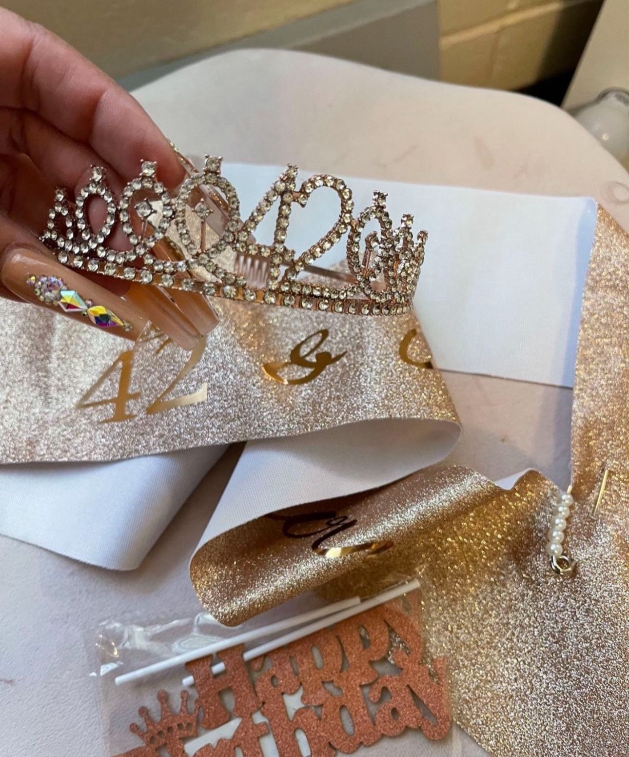 Rose Gold 42 Birthday Woman Tiara W Cake Topper & Shoulder Banner Included All Brand New