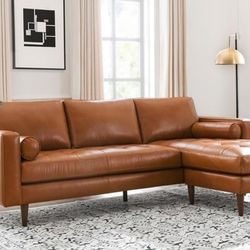 Mid-Century Tufted Genuine Leather Sectional With Reversible Chaise