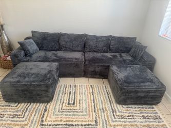 Gray Corduroy Sectional Sofa with Ottoman
