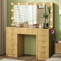 New in Box, 11 Drawers Makeup Vanity with Large Mirror and Lights, 3 Color Lighting Modes Adjustable Brightness, 47" Dressing Table with Charging Stat