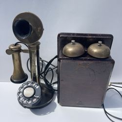 Antique 1920's UT Candlestick Telephone Brass With Walnut Ringer Box