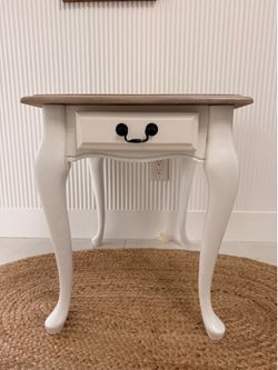 Professionally refinished solid wood side table inspired by classic Ethan Allen furniture.