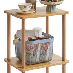 2-Tier Side Table, Solid Wood Tall End Table with Storage Shelves, Nightstand Bedside Table for Living Room Bedroom Office, No-Tool Assembly