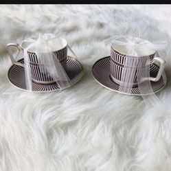 GRACE'S TEAWARE FLAT CUP & SAUCER SET WINE GOLD WHITE STRIPE PORCELAIN NEW