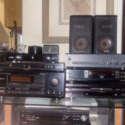 Denon Panasonic receivers Sony Yamaha cd players Nad preamplifier Hi and infinity bookshelf speakers surroundsound speakers