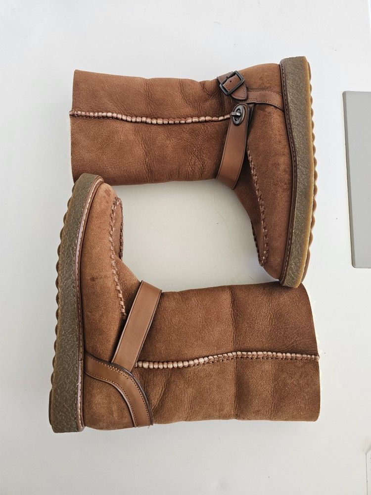 Coach Moto Shearling Women Size 8.5 Winter Boot Turn Lock Harness Suede