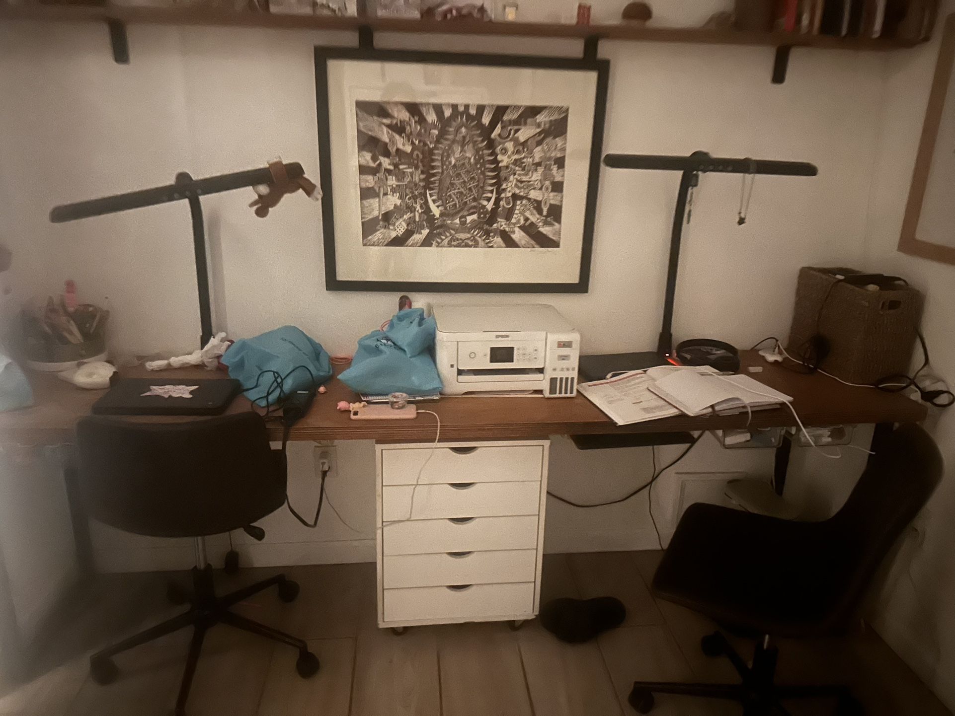 Double Desk With Lamps & Chairs