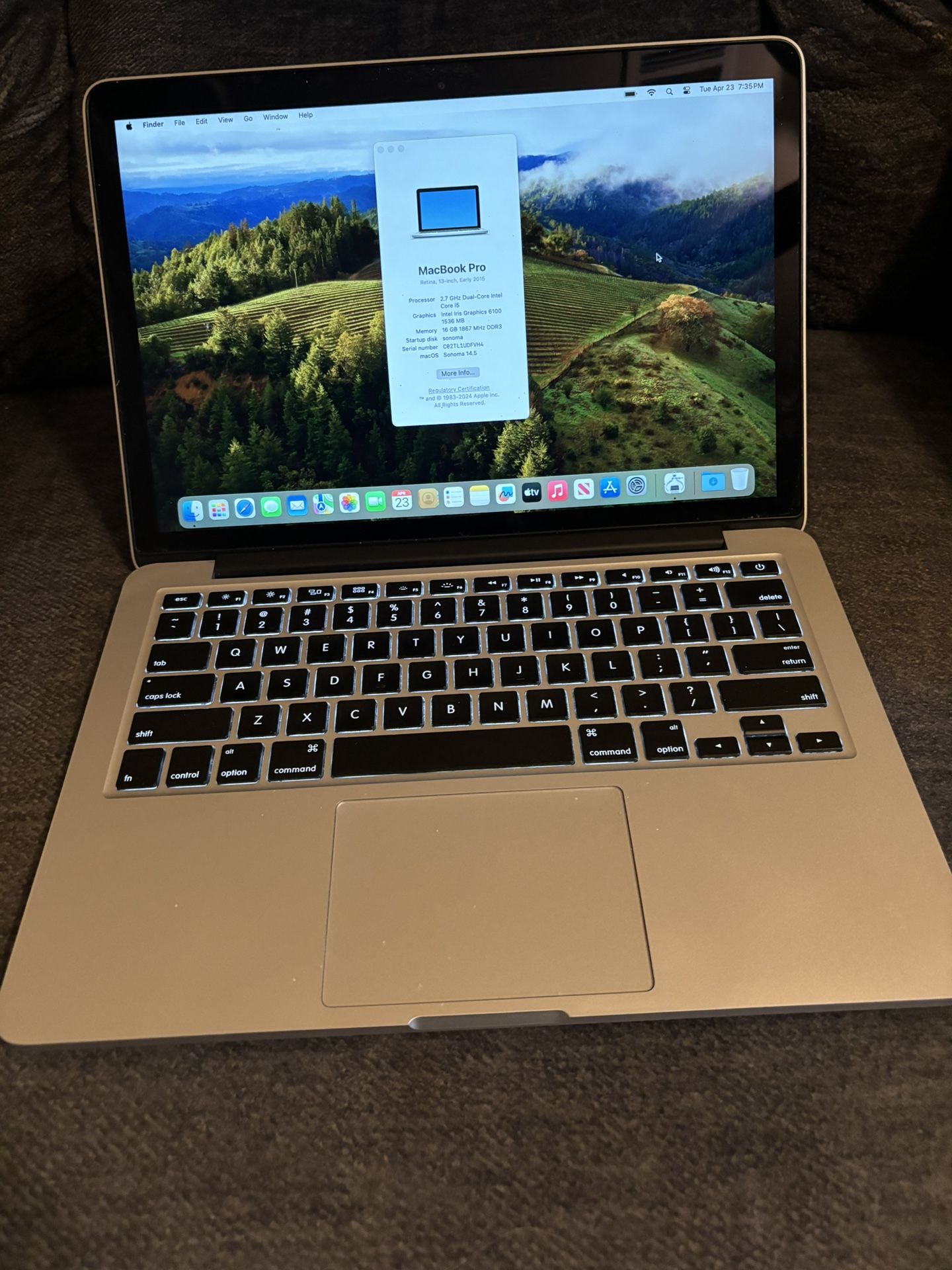 2015 MacBook Pro 13” I5 2.7 Turbo 16gb Sonoma, Monterey