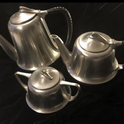 Vintage Metawa Holland Pewter Rattan Wrapped Handle Coffee Teapot Sugar Bowl Set